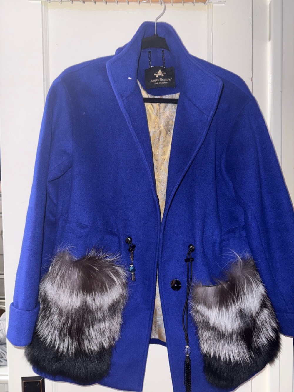 Royal Blue Women's Wool Coat with genuine  Fur Pockets -